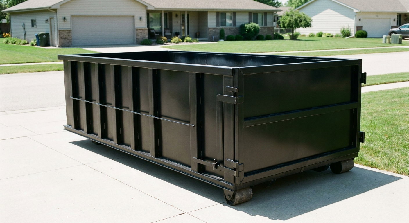 Matte-black 10-yard roll-off dumpster on a residential concrete driveway in Palm Bay, uniformly painted matte black across every panel and rail, ribbed steel sidewalls and rear swing door visible, mid-day daylight.