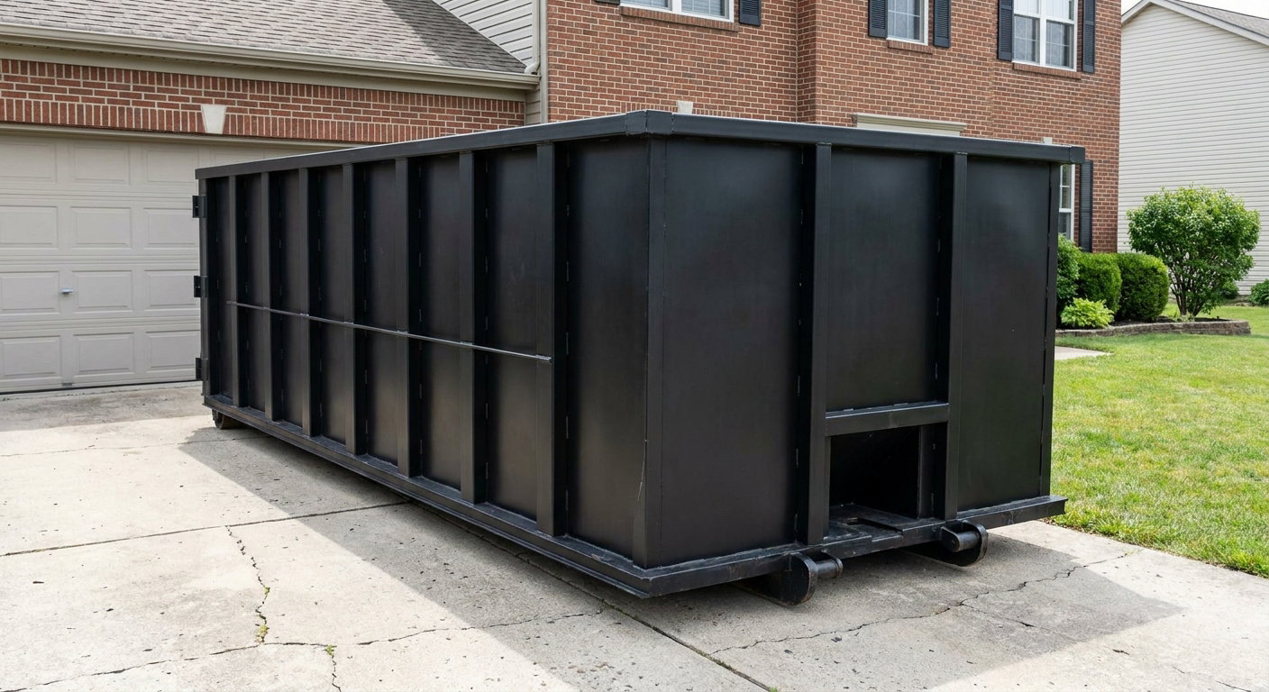 Matte-black 20-yard roll-off container on a Palm Bay residential concrete driveway with reinforced ribbed steel sidewalls and a hinged rear walk-in door, clean bright daylight.