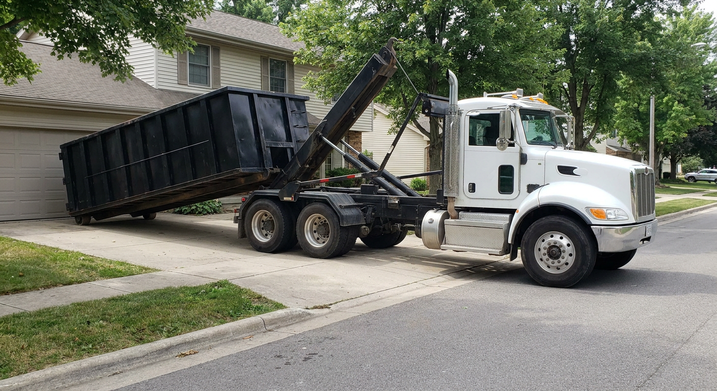 White-cab hooklift roll-off truck actively lowering a matte-black dumpster onto a Palm Bay residential concrete driveway, the dumpster's rear wheels touching the driveway as the hoist arm tilts the bed forward, mid-morning daylight.